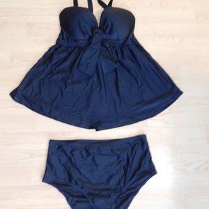 Black Tankini - Size L (12-14) - High Waist Bottoms - Adj. Straps - Blt in Bra